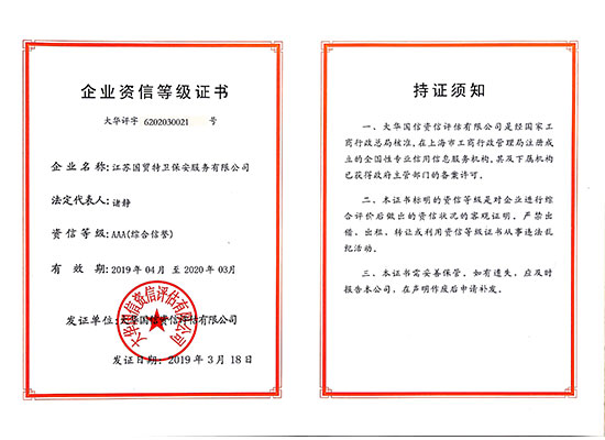 证书 2019.04江苏国贸特卫 企业资信等级证书